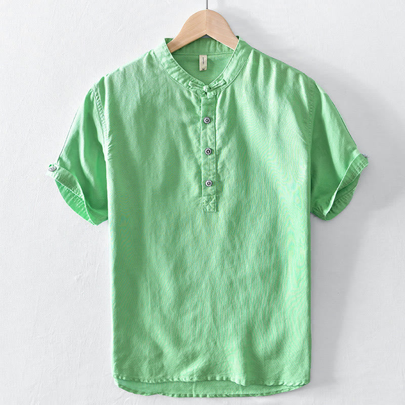 Camicia da uomo in cotone e lino a maniche corte con colletto alto, tinta unita, motivo Buddha Stones, con bottoni a metà - Verde primavera medio - US/UK/AU46, EU56 (5XL) - image 13