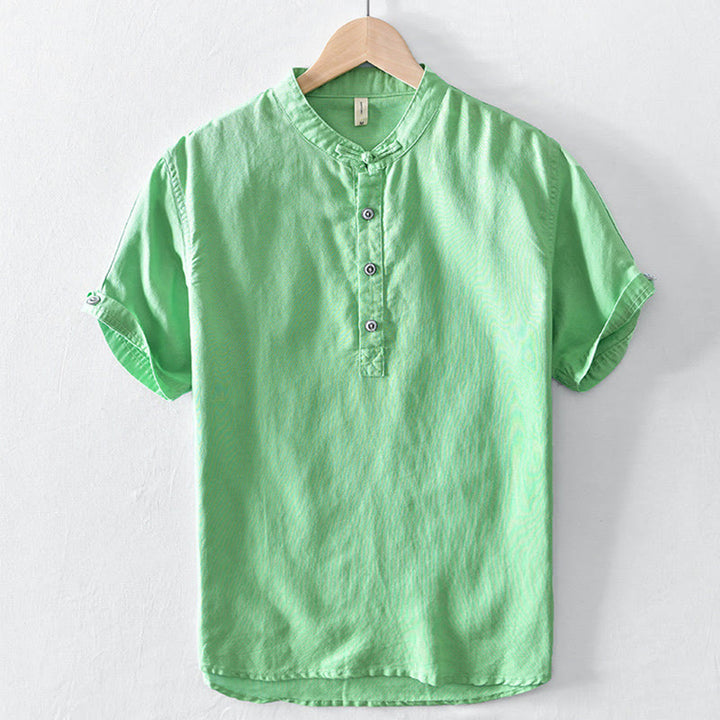 Camicia da uomo in cotone e lino a maniche corte con colletto alto, tinta unita, motivo Buddha Stones, con bottoni a metà - Verde primavera medio - US/UK/AU46, EU56 (5XL) - image 13