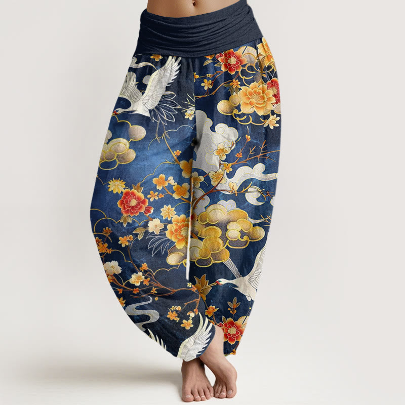 Pantaloni harem da donna con elastico in vita, motivo con Buddha Stones, nuvole di buon auspicio, gru bianche e fiori rossi - Blu Reale - US22, UK/AU26, EU54 (6XL) - image 0