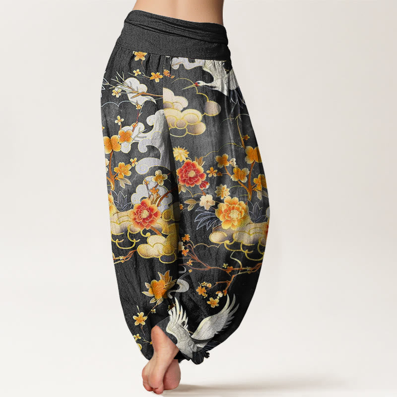 Pantaloni harem da donna con elastico in vita, in cotone, con motivo a Buddha Stones di buon auspicio, gru bianche e fiori rossi - image 5