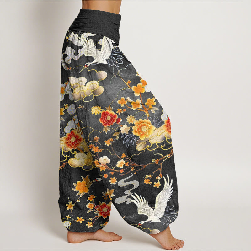 Pantaloni harem da donna con elastico in vita, in cotone, con motivo a Buddha Stones di buon auspicio, gru bianche e fiori rossi - image 6