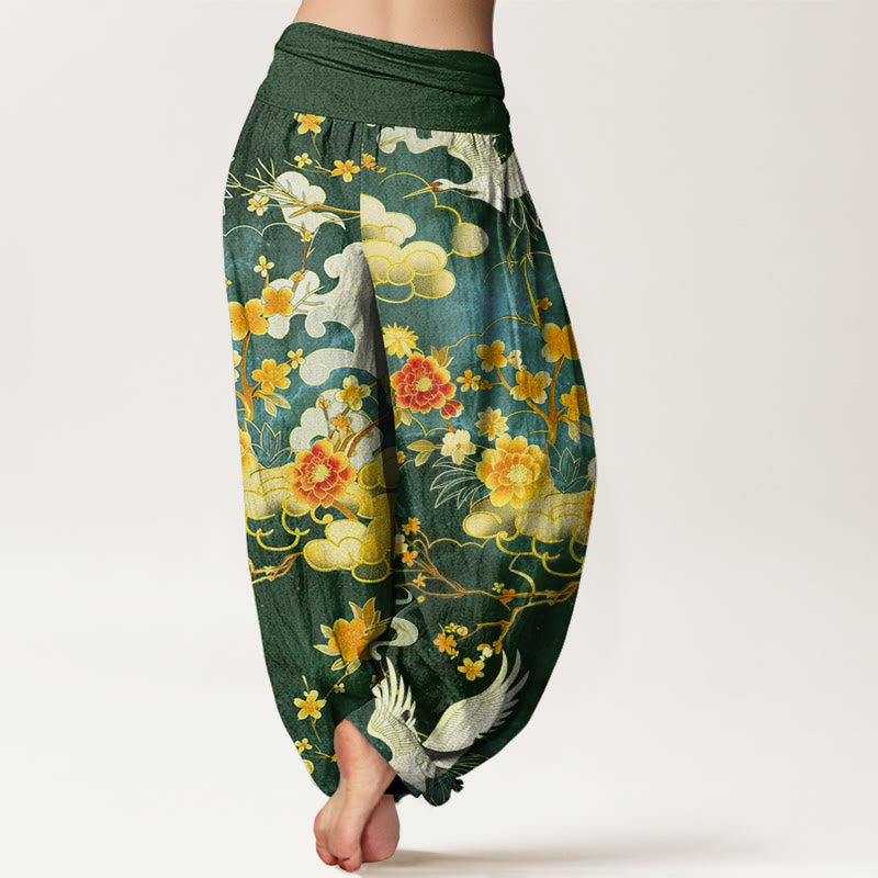Pantaloni harem da donna con elastico in vita, motivo con Buddha Stones, nuvole di buon auspicio, gru bianche e fiori rossi - image 9