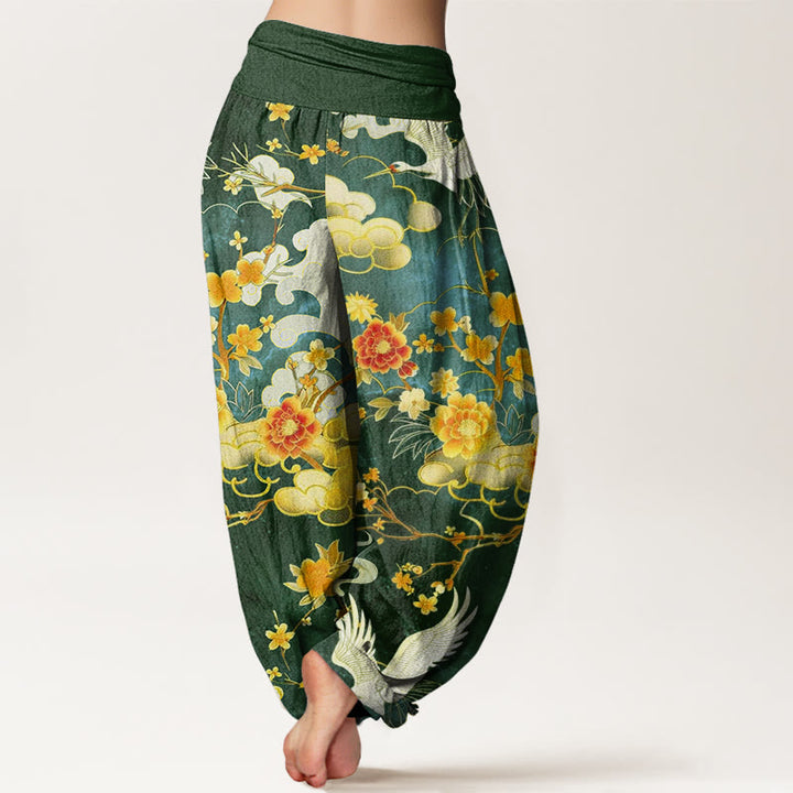 Pantaloni harem da donna con elastico in vita, motivo con Buddha Stones, nuvole di buon auspicio, gru bianche e fiori rossi - image 9