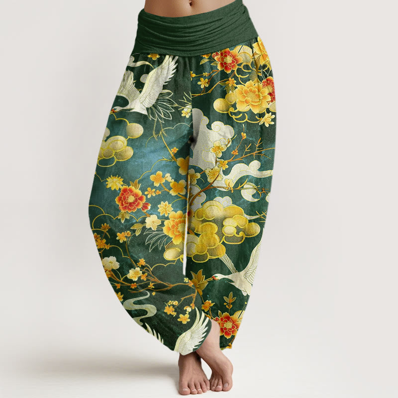 Pantaloni harem da donna con elastico in vita, motivo con Buddha Stones, nuvole di buon auspicio, gru bianche e fiori rossi - SeaGreen - US22, UK/AU26, EU54 (6XL) - image 8