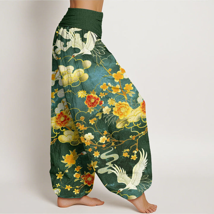 Pantaloni harem da donna con elastico in vita, in cotone, con motivo a Buddha Stones di buon auspicio, gru bianche e fiori rossi - image 9