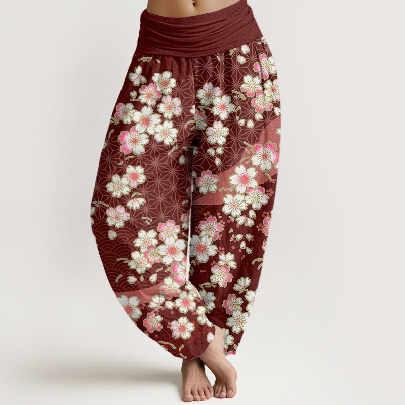 Pantaloni harem da donna con elastico in vita e motivo a stelle a sei punte con fiori di ciliegio rosa e Buddha Stones - Rosso scuro - US22, UK/AU26, EU54 (6XL) - image 1