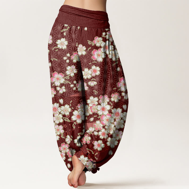 Pantaloni harem da donna con elastico in vita e motivo a stelle a sei punte con fiori di ciliegio rosa e Buddha Stones - image 2