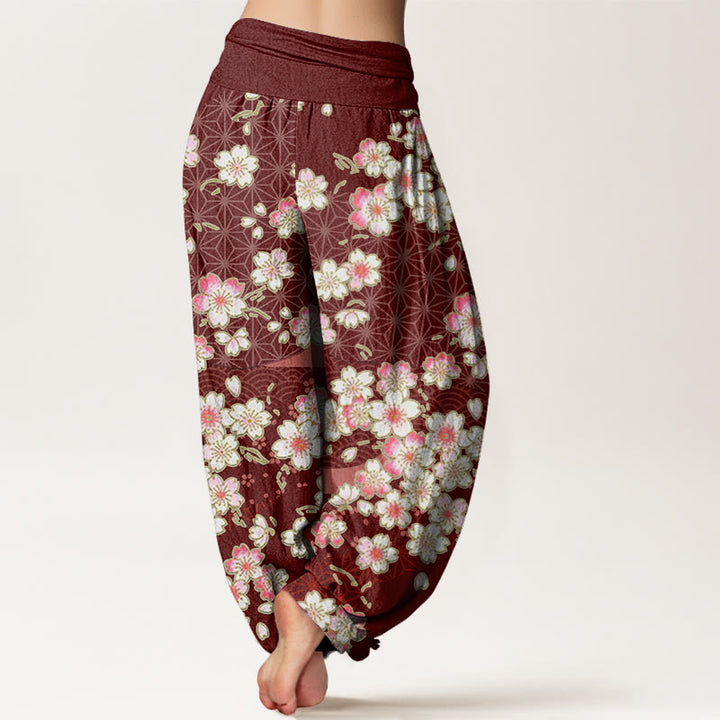 Pantaloni harem da donna con elastico in vita e motivo a stelle a sei punte con fiori di ciliegio rosa e Buddha Stones - image 2