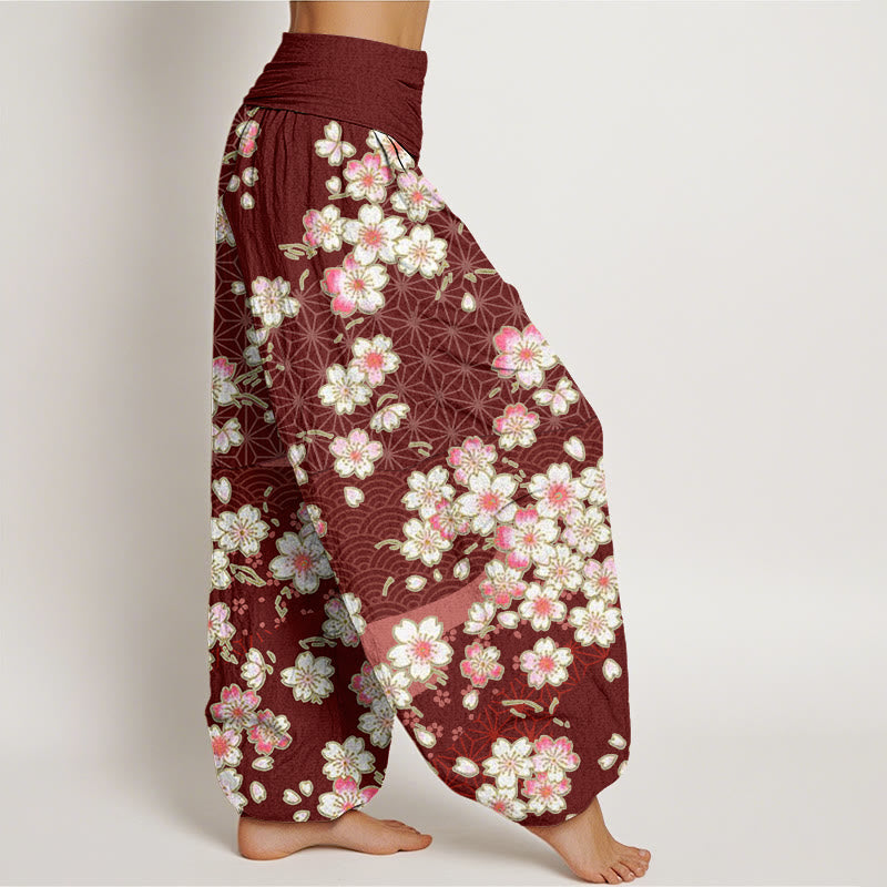 Pantaloni harem da donna con elastico in vita e motivo a stelle a sei punte con fiori di ciliegio rosa e Buddha Stones - image 3
