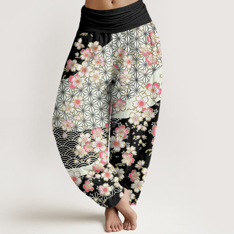 Pantaloni harem da donna con elastico in vita e motivo a stelle a sei punte con fiori di ciliegio rosa e Buddha Stones - Nero - US22, UK/AU26, EU54 (6XL) - image 5