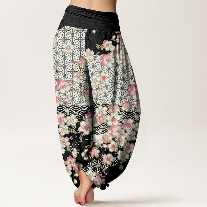 Pantaloni harem da donna con elastico in vita e motivo a stelle a sei punte con fiori di ciliegio rosa e Buddha Stones - image 6