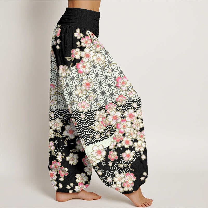 Pantaloni harem da donna con elastico in vita e motivo a stelle a sei punte con fiori di ciliegio rosa e Buddha Stones - image 7