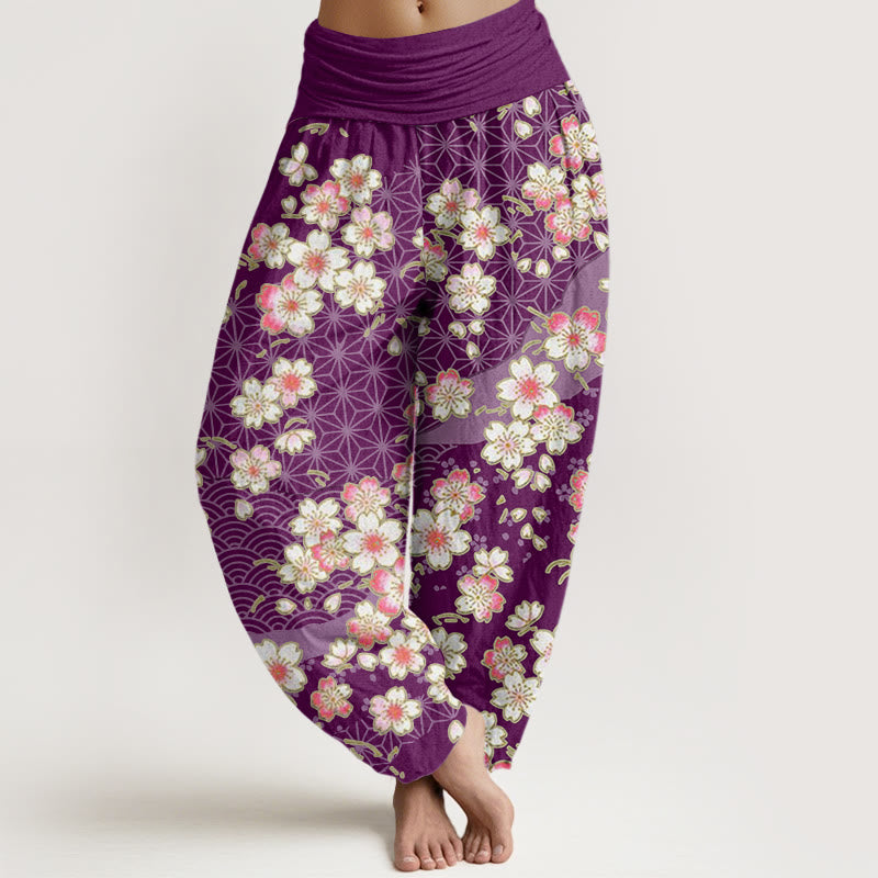 Pantaloni harem da donna con elastico in vita e motivo a stelle a sei punte con fiori di ciliegio rosa e Buddha Stones - Viola - US22, UK/AU26, EU54 (6XL) - image 8