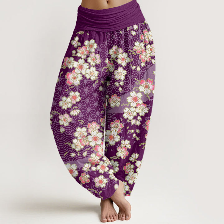 Pantaloni harem da donna con elastico in vita e motivo a stelle a sei punte con fiori di ciliegio rosa e Buddha Stones - Viola - US22, UK/AU26, EU54 (6XL) - image 8