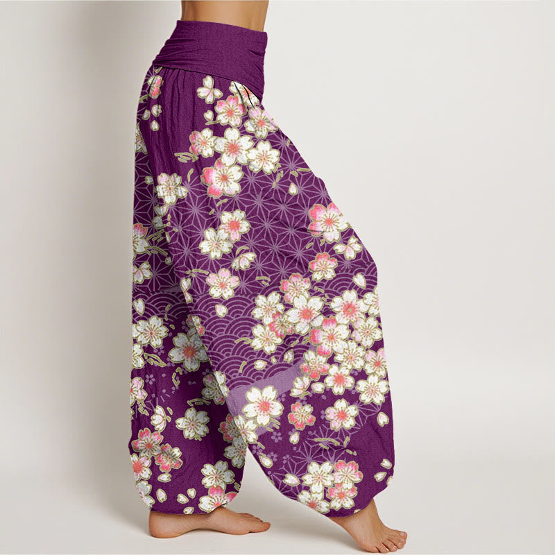 Pantaloni harem da donna con elastico in vita e motivo a stelle a sei punte con fiori di ciliegio rosa e Buddha Stones - image 10