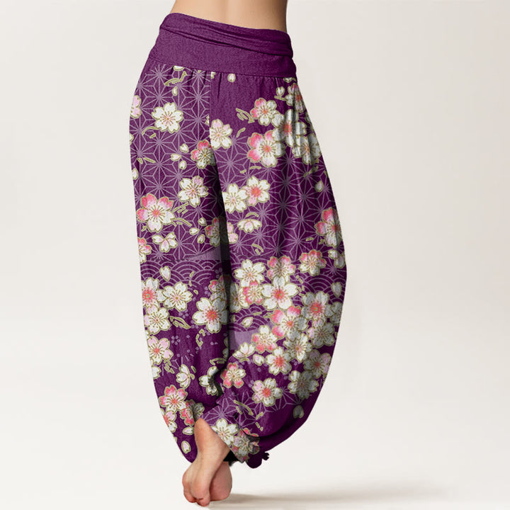 Pantaloni harem da donna con elastico in vita e motivo a stelle a sei punte con fiori di ciliegio rosa e Buddha Stones - image 9
