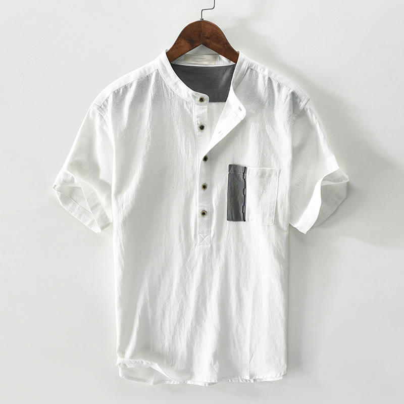 Camicia da uomo in cotone e lino a maniche corte con contrasto di colore Buddha Stones e mezza abbottonatura con taschino - Bianco - US/UK/AU42, EU52 (3XL) - image 0