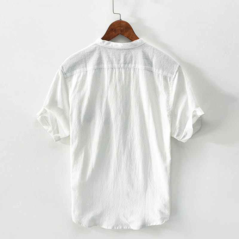 Camicia da uomo in cotone e lino a maniche corte con contrasto di colore Buddha Stones e mezza abbottonatura con taschino - image 1