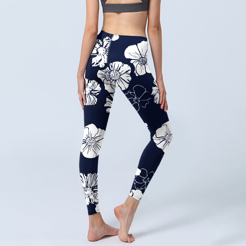 Buddha Stones da palestra con stampa di grandi petali bianchi e motivo a piante, pantaloni da yoga da donna - image 5