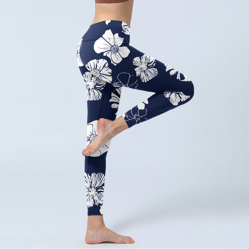 Buddha Stones da palestra con stampa di grandi petali bianchi e motivo a piante, pantaloni da yoga da donna - image 3