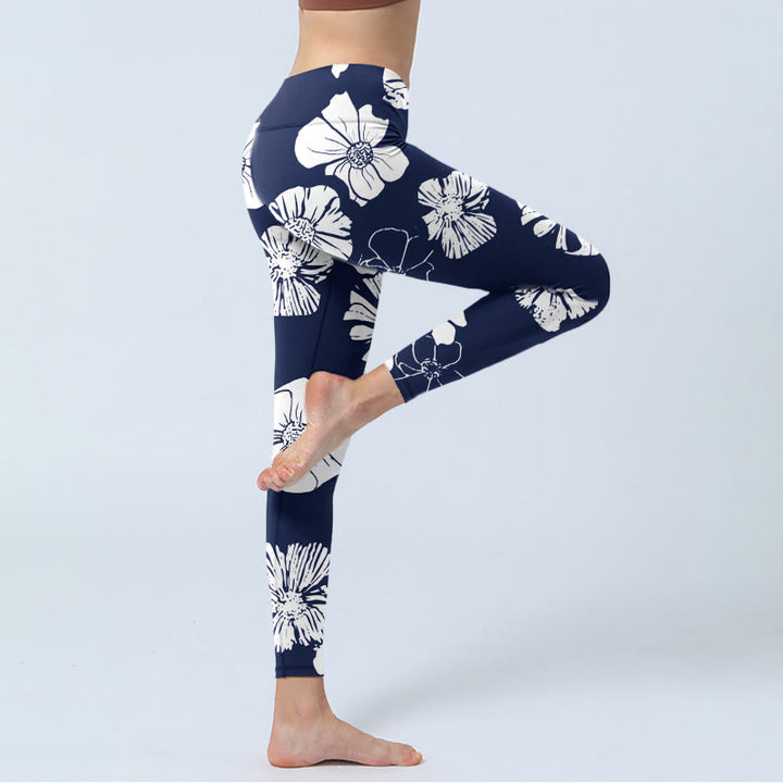 Buddha Stones da palestra con stampa di grandi petali bianchi e motivo a piante, pantaloni da yoga da donna - image 3