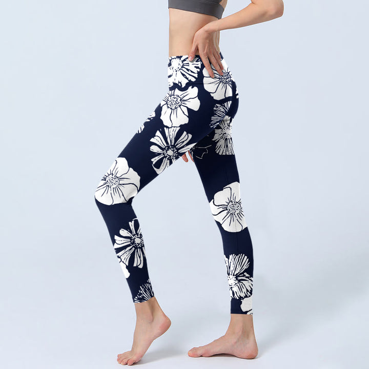 Buddha Stones da palestra con stampa di grandi petali bianchi e motivo a piante, pantaloni da yoga da donna - image 3