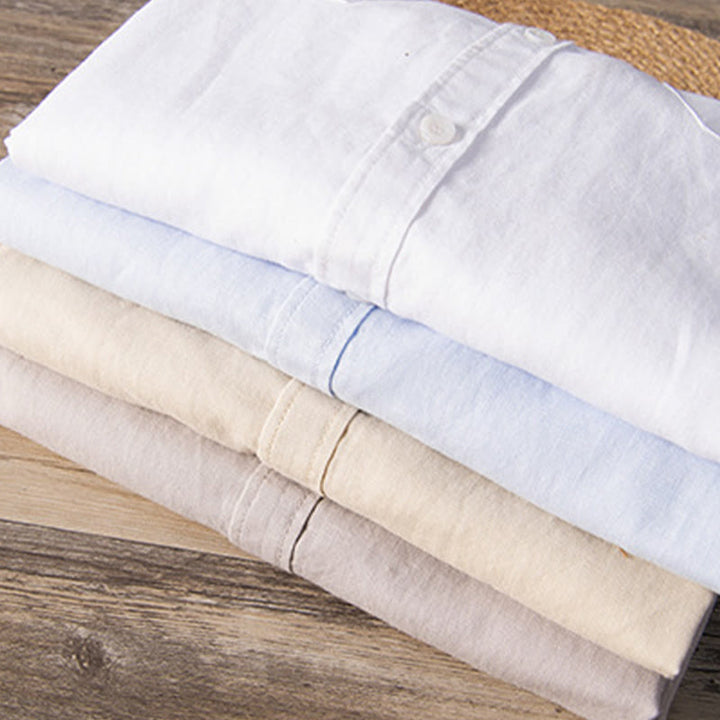 Camicia da uomo in cotone e lino a maniche corte con colletto alto, modello Buddha Stones, casual, semplice, con bottoni e tasche anteriori - image 18