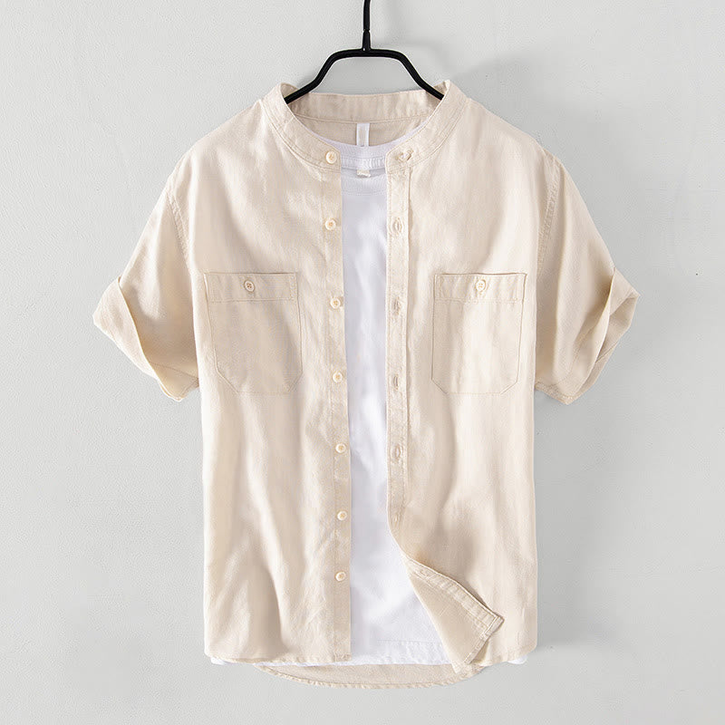 Camicia da uomo in cotone e lino a maniche corte con colletto alto, modello Buddha Stones, casual, semplice, con bottoni e tasche anteriori - Beige - US/UK/AU42, EU52 (3XL) - image 9