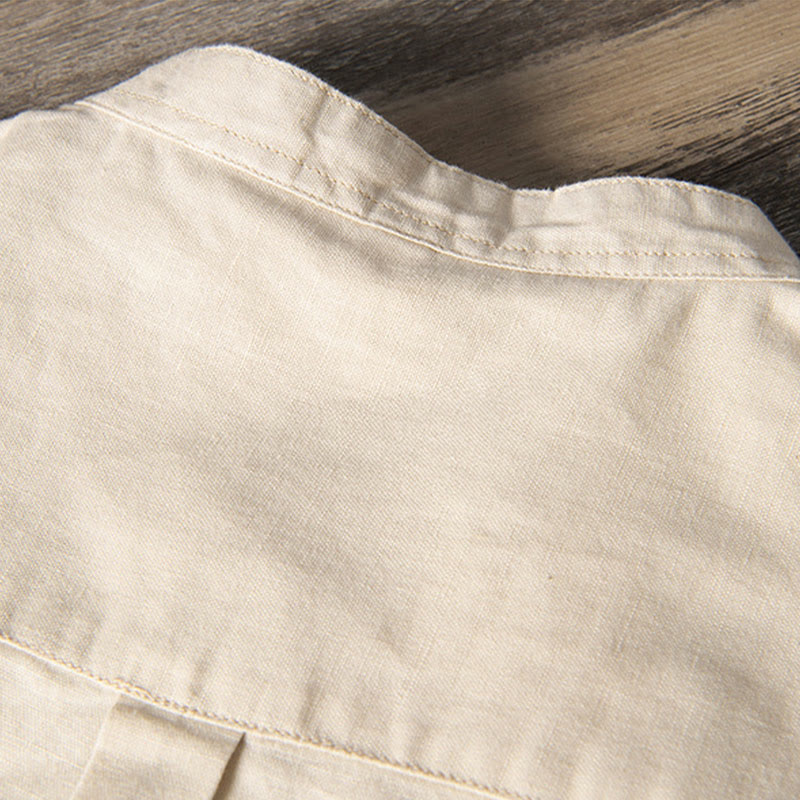 Camicia da uomo in cotone e lino a maniche corte con colletto alto, modello Buddha Stones, casual, semplice, con bottoni e tasche anteriori - image 11