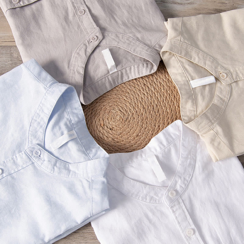 Camicia da uomo in cotone e lino a maniche corte con colletto alto, modello Buddha Stones, casual, semplice, con bottoni e tasche anteriori - image 19