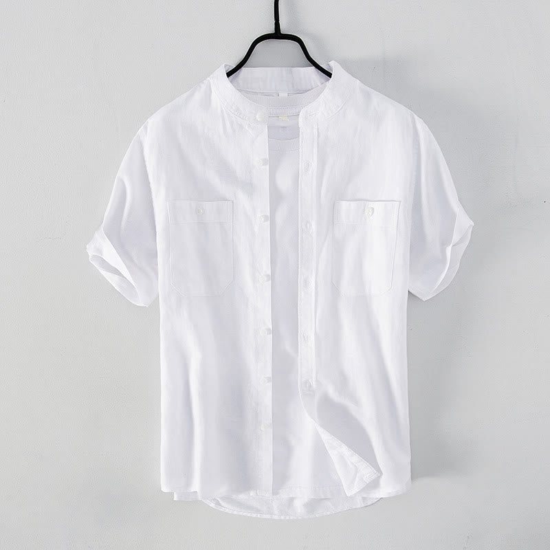 Camicia da uomo in cotone e lino a maniche corte con colletto alto, modello Buddha Stones, casual, semplice, con bottoni e tasche anteriori - Bianco - US/UK/AU42, EU52 (3XL) - image 1