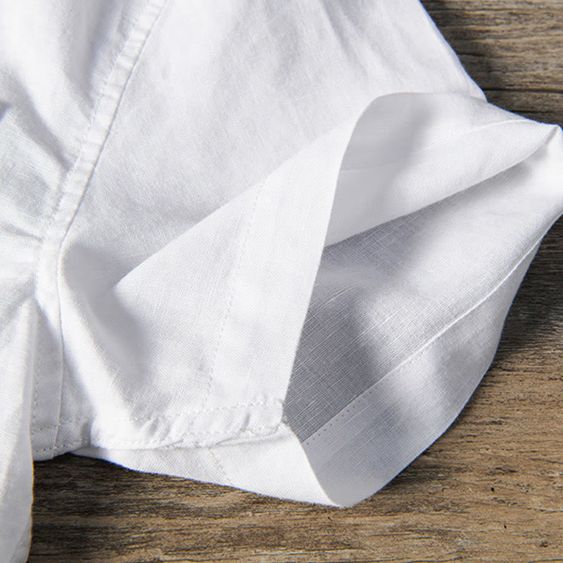 Camicia da uomo in cotone e lino a maniche corte con colletto alto, modello Buddha Stones, casual, semplice, con bottoni e tasche anteriori - image 6