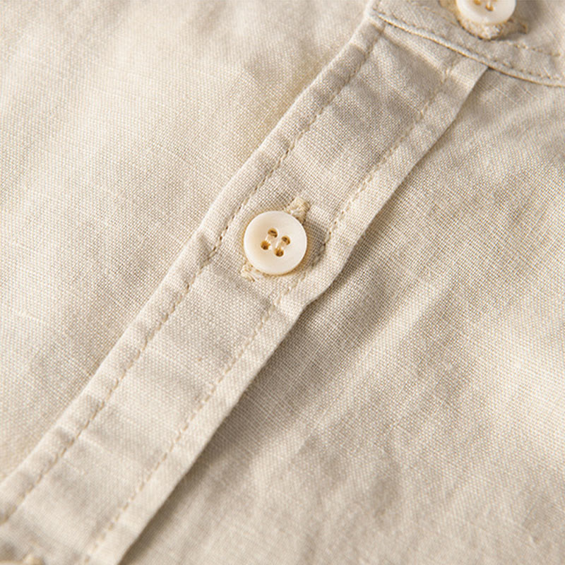 Camicia da uomo in cotone e lino a maniche corte con colletto alto, modello Buddha Stones, casual, semplice, con bottoni e tasche anteriori - image 12