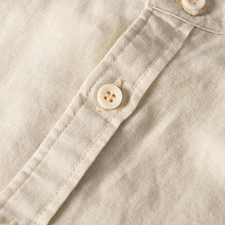 Camicia da uomo in cotone e lino a maniche corte con colletto alto, modello Buddha Stones, casual, semplice, con bottoni e tasche anteriori - image 12