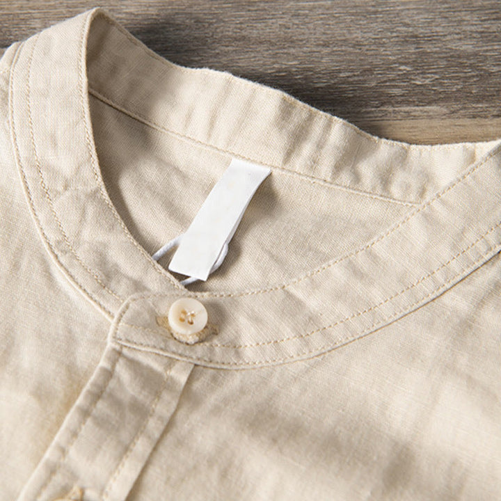 Camicia da uomo in cotone e lino a maniche corte con colletto alto, modello Buddha Stones, casual, semplice, con bottoni e tasche anteriori - image 10