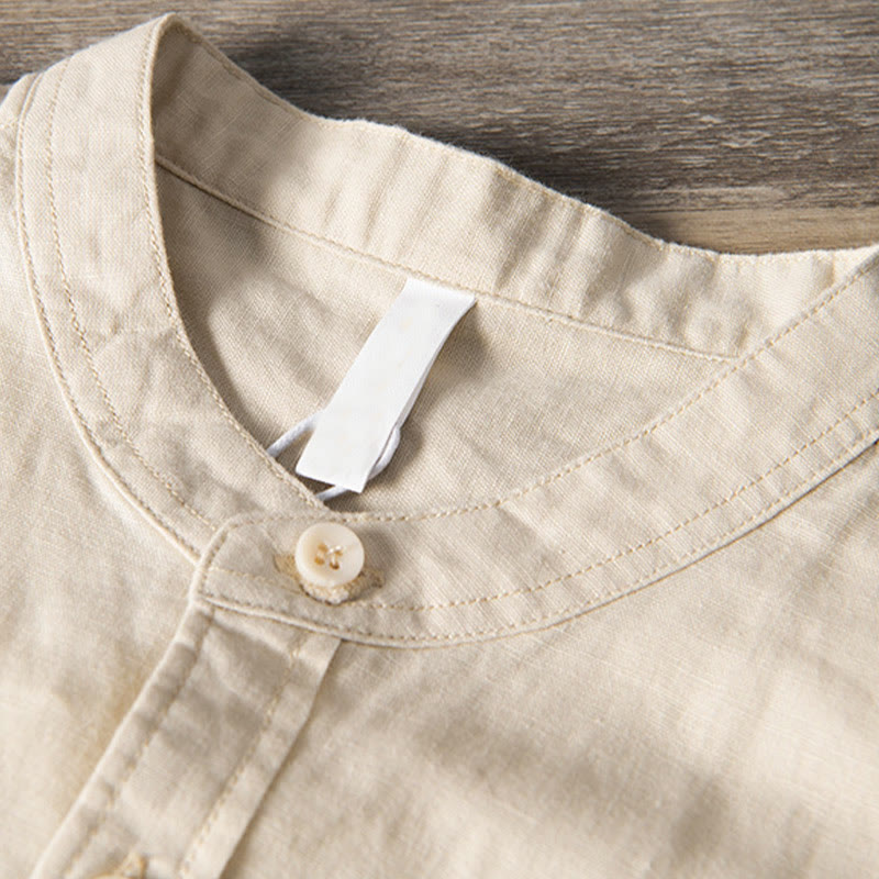 Camicia da uomo in cotone e lino a maniche corte con colletto alto, modello Buddha Stones, casual, semplice, con bottoni e tasche anteriori - image 10