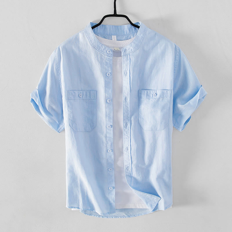 Camicia da uomo in cotone e lino a maniche corte con colletto alto, modello Buddha Stones, casual, semplice, con bottoni e tasche anteriori - AzzurroCielo Chiaro - US/UK/AU42, EU52 (3XL) - image 0