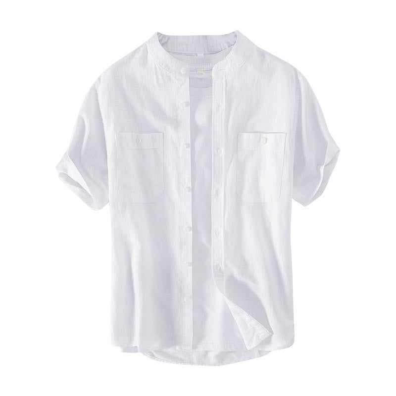 Camicia da uomo in cotone e lino a maniche corte con colletto alto, modello Buddha Stones, casual, semplice, con bottoni e tasche anteriori - image 7