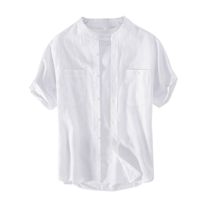Camicia da uomo in cotone e lino a maniche corte con colletto alto, modello Buddha Stones, casual, semplice, con bottoni e tasche anteriori - image 7
