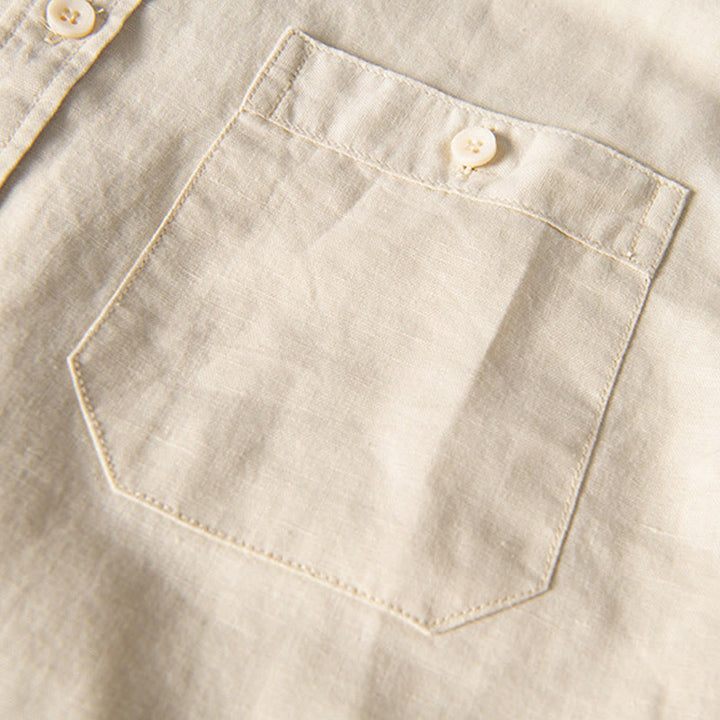 Camicia da uomo in cotone e lino a maniche corte con colletto alto, modello Buddha Stones, casual, semplice, con bottoni e tasche anteriori - image 13