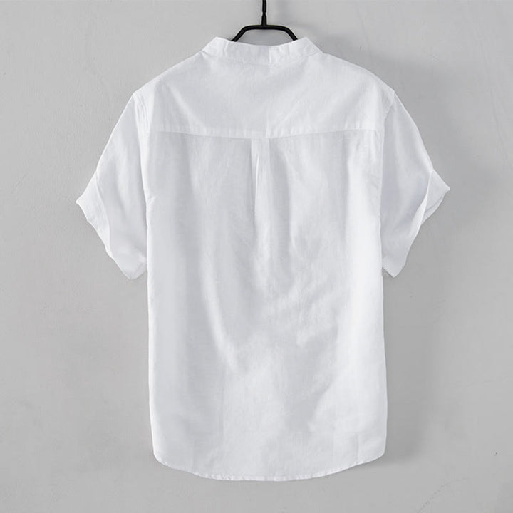 Camicia da uomo in cotone e lino a maniche corte con colletto alto, modello Buddha Stones, casual, semplice, con bottoni e tasche anteriori - image 2