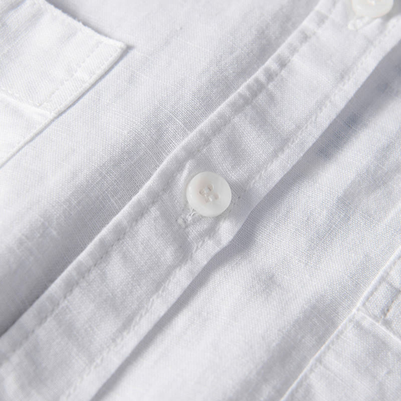 Camicia da uomo in cotone e lino a maniche corte con colletto alto, modello Buddha Stones, casual, semplice, con bottoni e tasche anteriori - image 4