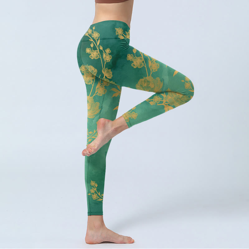 Leggings da palestra con stampa di Buddha Stones su sfondo verde, rami dorati e fiori di peonia, pantaloni da yoga da donna - image 4