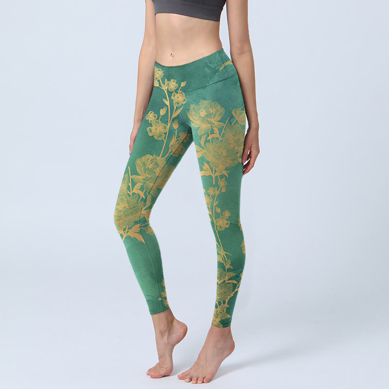 Leggings da palestra con stampa di Buddha Stones su sfondo verde, rami dorati e fiori di peonia, pantaloni da yoga da donna - Verdemare medio - US18, UK/AU22, EU50 (4XL) - image 1