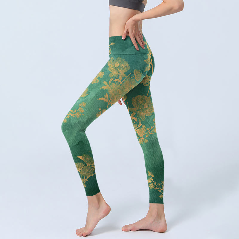 Leggings da palestra con stampa di Buddha Stones su sfondo verde, rami dorati e fiori di peonia, pantaloni da yoga da donna - image 2