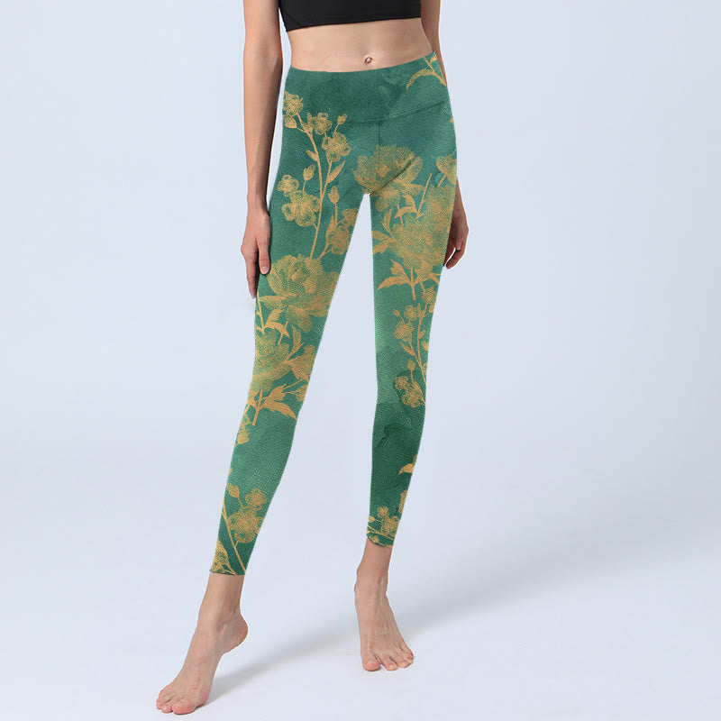 Leggings da palestra con stampa di Buddha Stones su sfondo verde, rami dorati e fiori di peonia, pantaloni da yoga da donna - image 5
