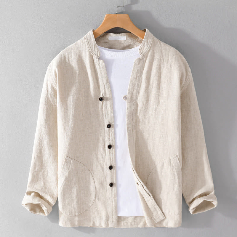 Camicia da uomo in cotone e lino a maniche lunghe con tasche, modello Buddha Stones, modello Spring Daily, con bottoni semplici e colletto alto - Beige - US/UK/AU42, EU52 (3XL) - image 0