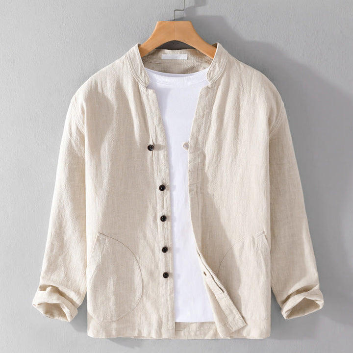 Camicia da uomo in cotone e lino a maniche lunghe con tasche, modello Buddha Stones, modello Spring Daily, con bottoni semplici e colletto alto - Beige - US/UK/AU42, EU52 (3XL) - image 0