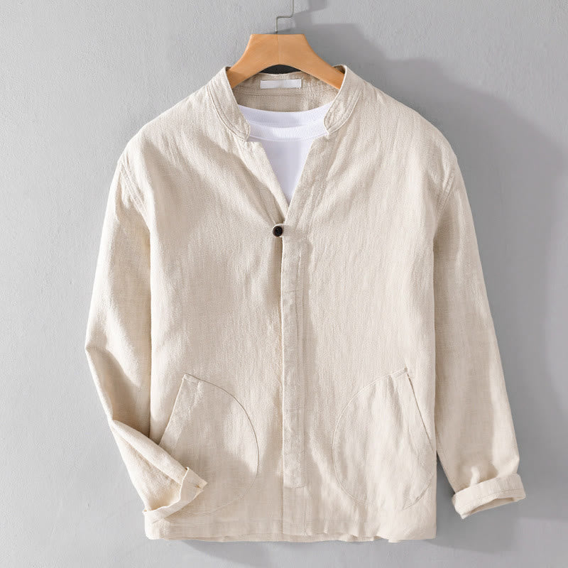 Camicia da uomo in cotone e lino a maniche lunghe con tasche, modello Buddha Stones, modello Spring Daily, con bottoni semplici e colletto alto - image 1