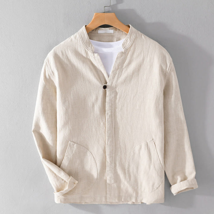 Camicia da uomo in cotone e lino a maniche lunghe con tasche, modello Buddha Stones, modello Spring Daily, con bottoni semplici e colletto alto - image 1